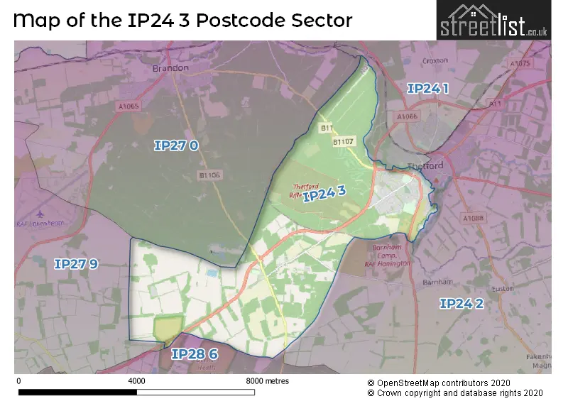 Map of the IP24 3 and surrounding postcode sector
