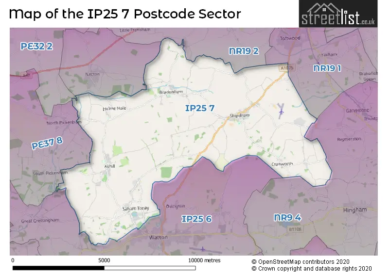 Map of the IP25 7 and surrounding postcode sector