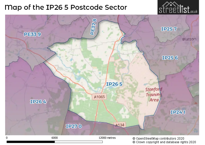 Map of the IP26 5 and surrounding postcode sector