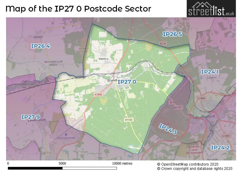 Map of the IP27 0 and surrounding postcode sector