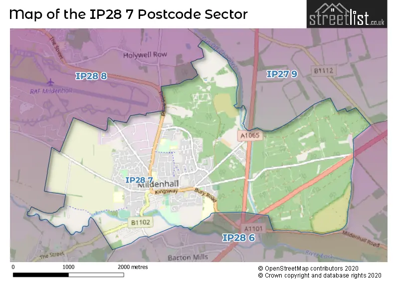 Map of the IP28 7 and surrounding postcode sector