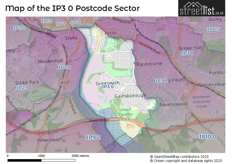 Map of the IP3 0 and surrounding postcode sector