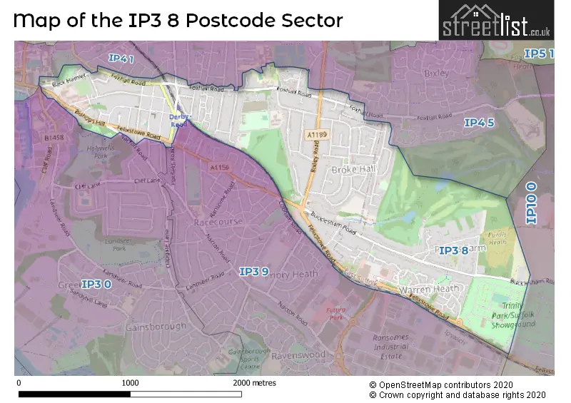 Map of the IP3 8 and surrounding postcode sector