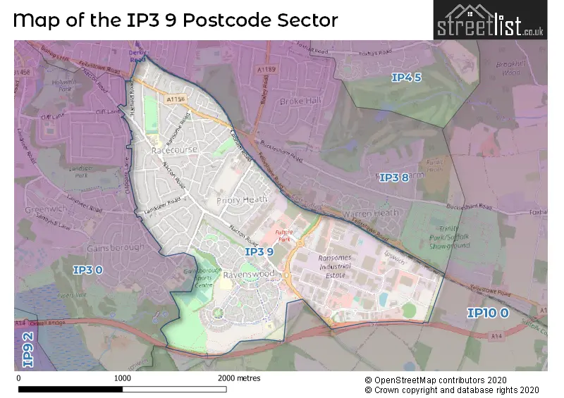 Map of the IP3 9 and surrounding postcode sector