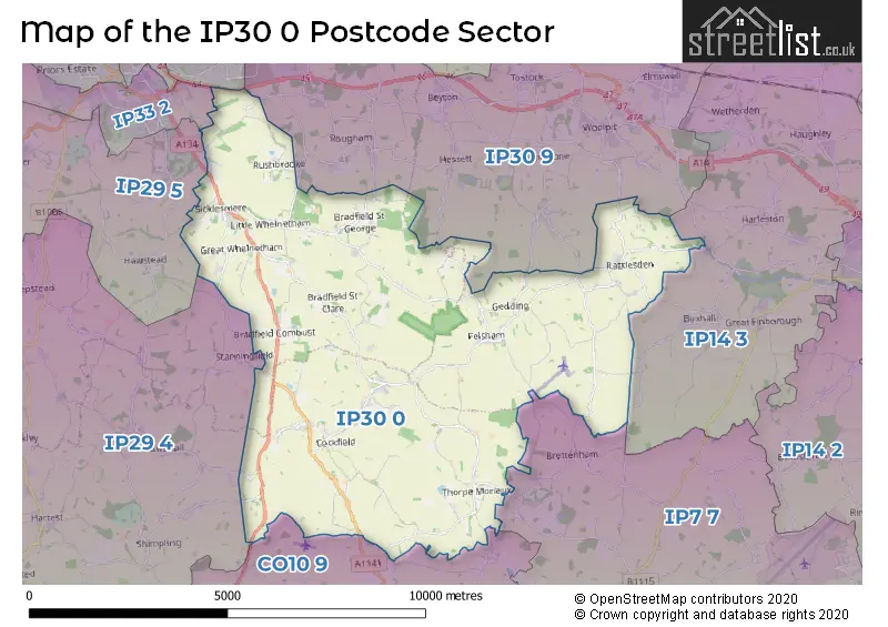 Map of the IP30 0 and surrounding postcode sector