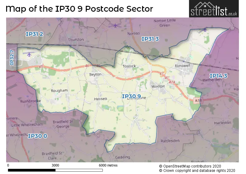Map of the IP30 9 and surrounding postcode sector