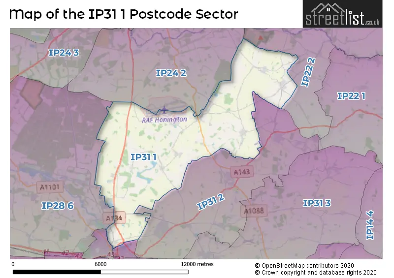 Map of the IP31 1 and surrounding postcode sector