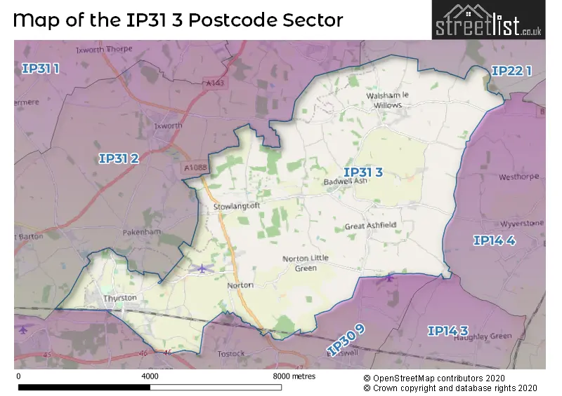 Map of the IP31 3 and surrounding postcode sector