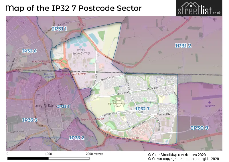 Map of the IP32 7 and surrounding postcode sector