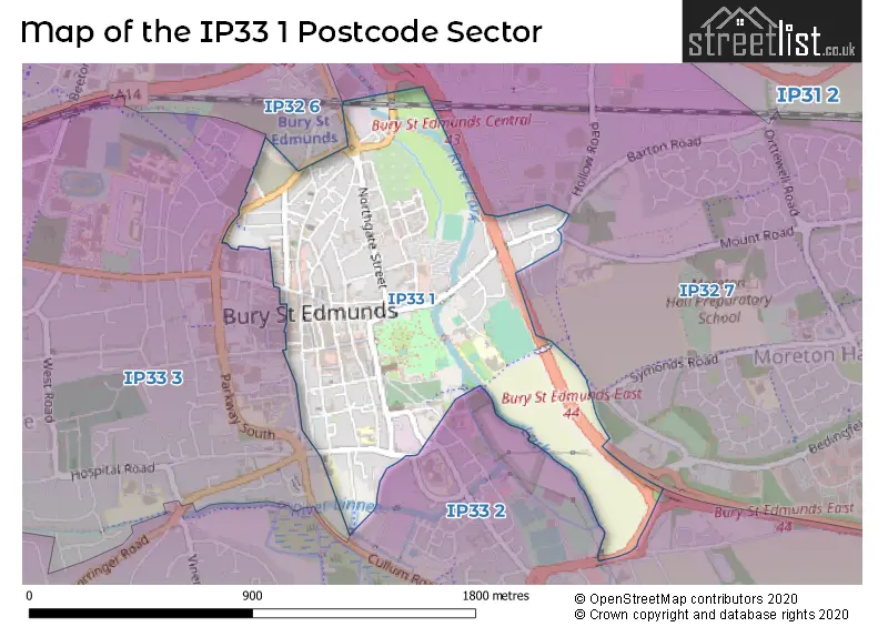 Map of the IP33 1 and surrounding postcode sector