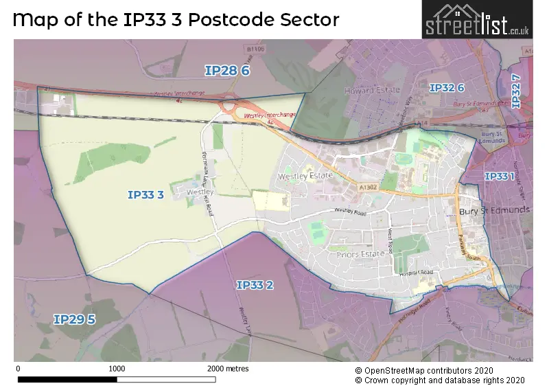 Map of the IP33 3 and surrounding postcode sector