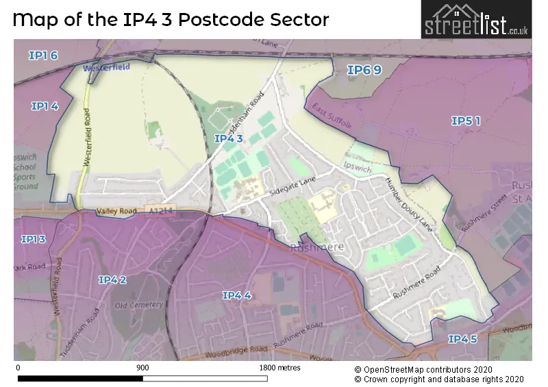 Map of the IP4 3 and surrounding postcode sector