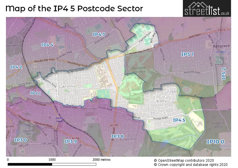 Map of the IP4 5 and surrounding postcode sector