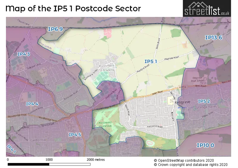 Map of the IP5 1 and surrounding postcode sector