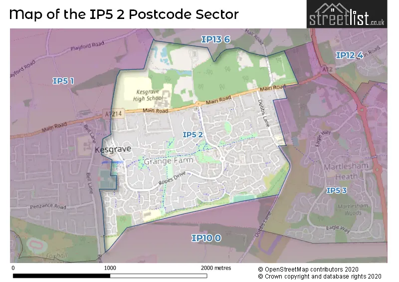 Map of the IP5 2 and surrounding postcode sector