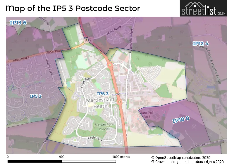 Map of the IP5 3 and surrounding postcode sector