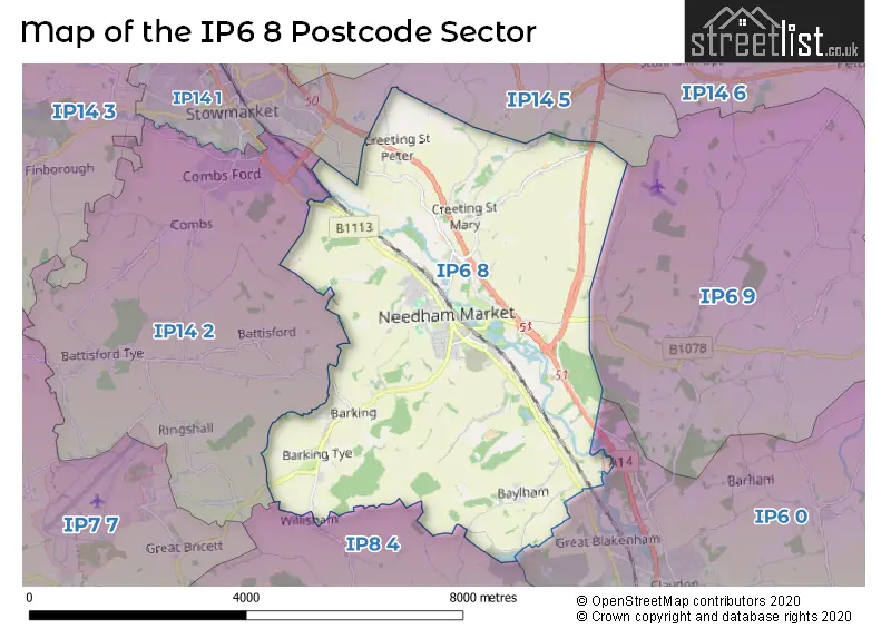 Map of the IP6 8 and surrounding postcode sector