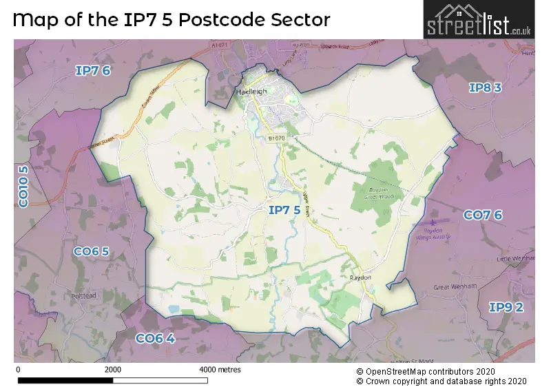 Map of the IP7 5 and surrounding postcode sector