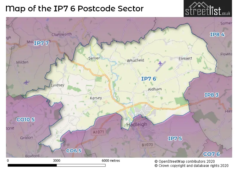 Map of the IP7 6 and surrounding postcode sector