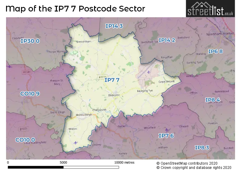 Map of the IP7 7 and surrounding postcode sector