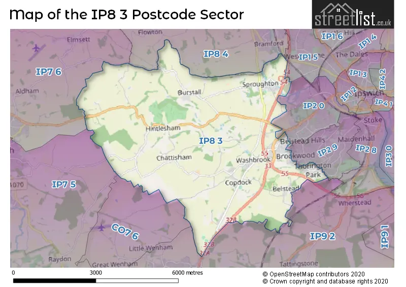 Map of the IP8 3 and surrounding postcode sector