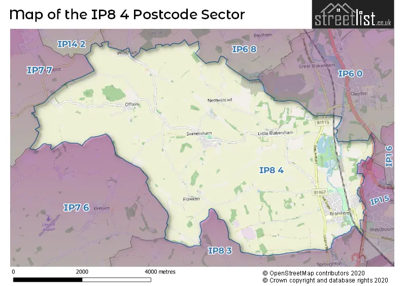Map of the IP8 4 and surrounding postcode sector