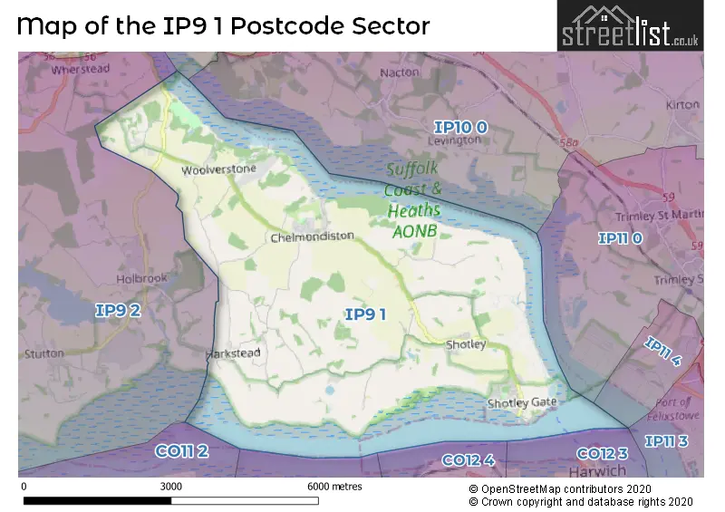 Map of the IP9 1 and surrounding postcode sector