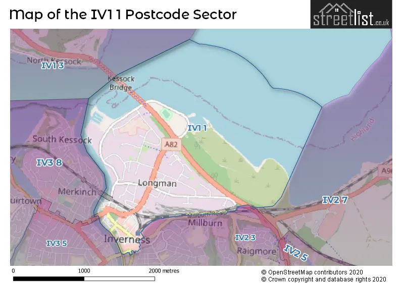 Map of the IV1 1 and surrounding postcode sector