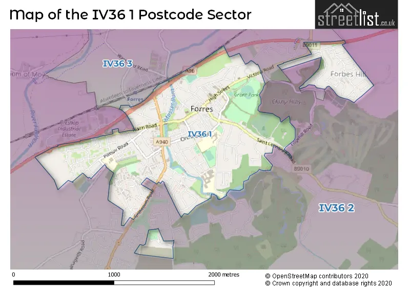 Map of the IV36 1 and surrounding postcode sector