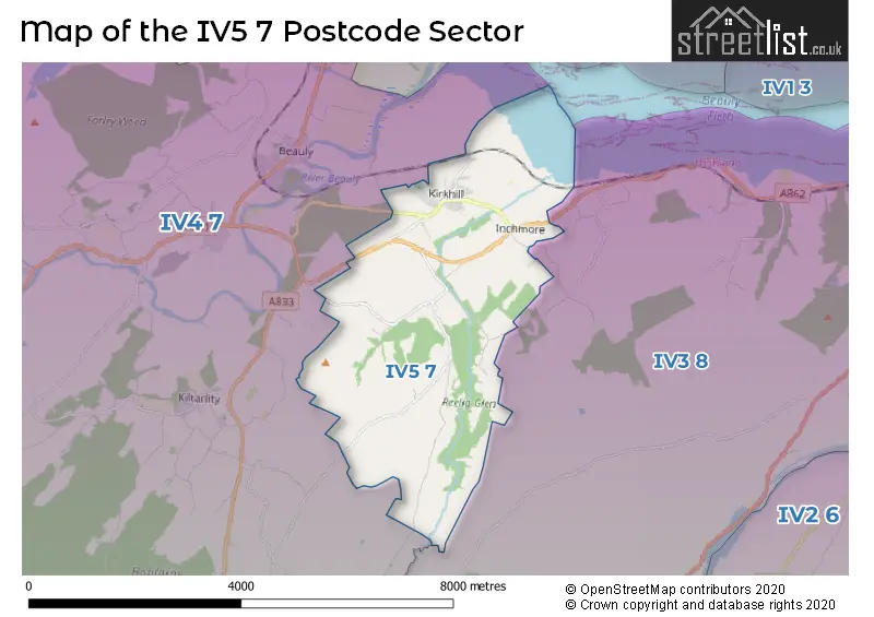 Map of the IV5 7 and surrounding postcode sector