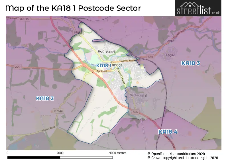 Map of the KA18 1 and surrounding postcode sector