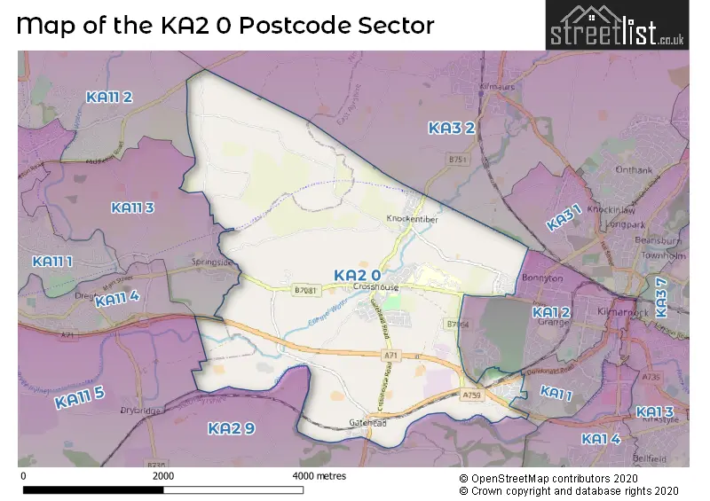 Map of the KA2 0 and surrounding postcode sector