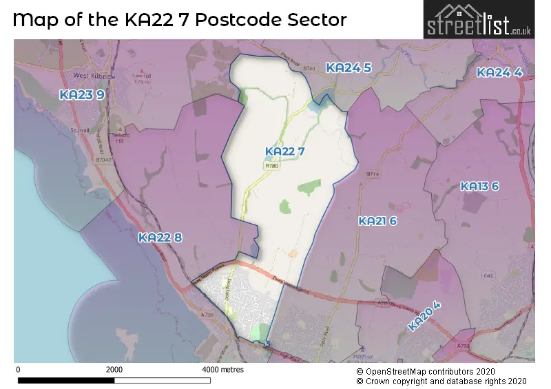 Map of the KA22 7 and surrounding postcode sector