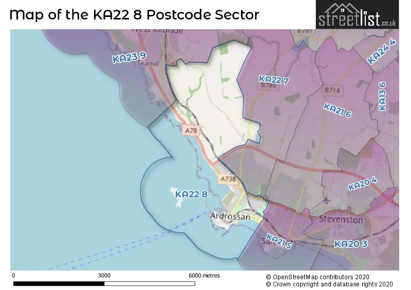 Map of the KA22 8 and surrounding postcode sector