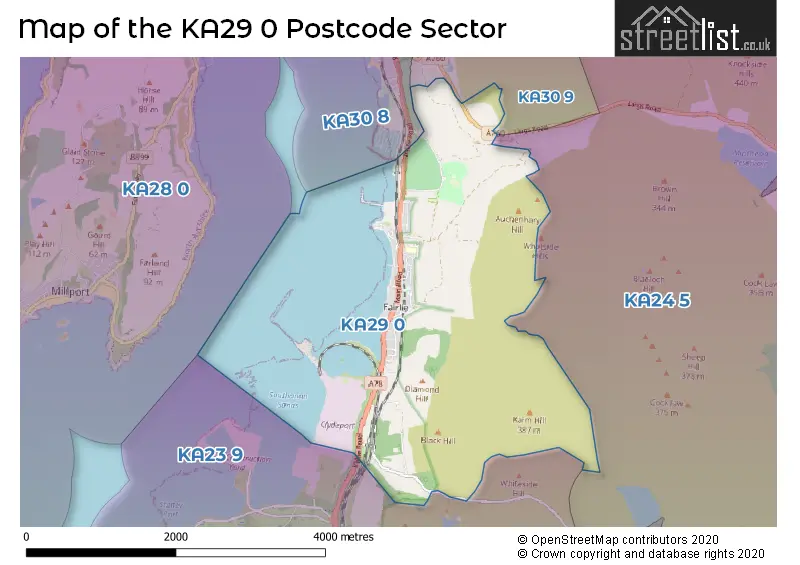 Map of the KA29 0 and surrounding postcode sector