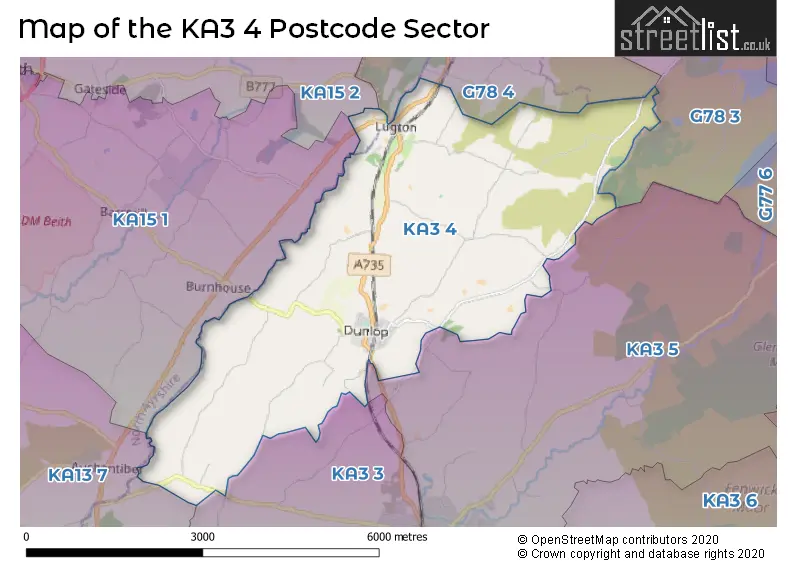 Map of the KA3 4 and surrounding postcode sector