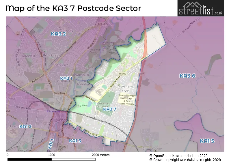 Map of the KA3 7 and surrounding postcode sector