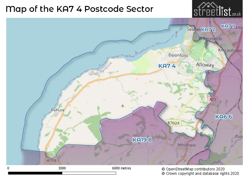 Map of the KA7 4 and surrounding postcode sector