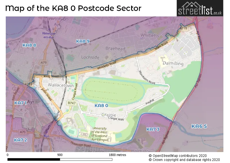 Map of the KA8 0 and surrounding postcode sector