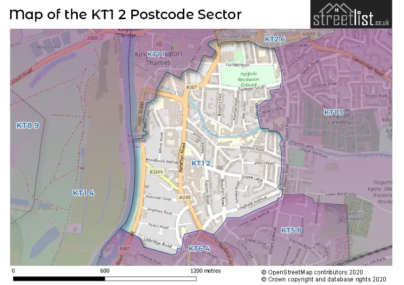 Map of the KT1 2 and surrounding postcode sector