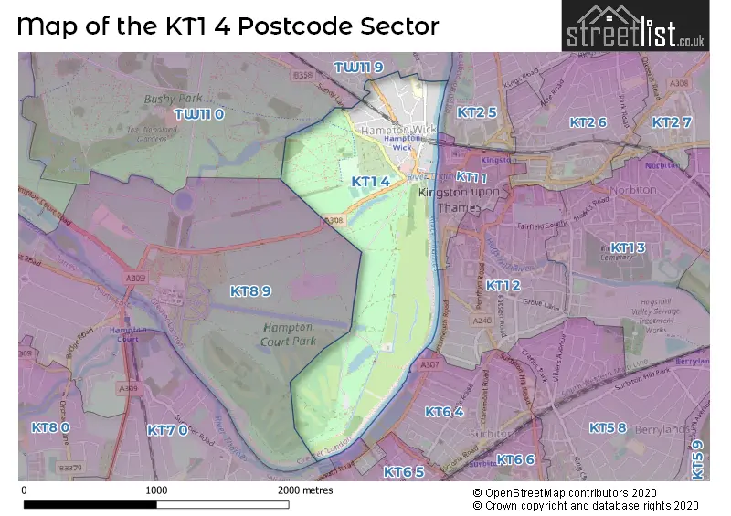 Map of the KT1 4 and surrounding postcode sector