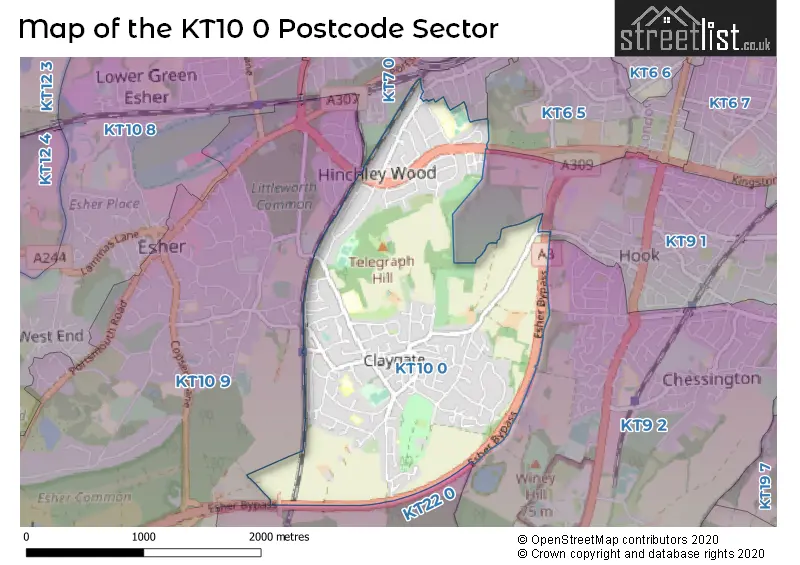 Map of the KT10 0 and surrounding postcode sector