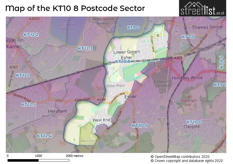 Map of the KT10 8 and surrounding postcode sector