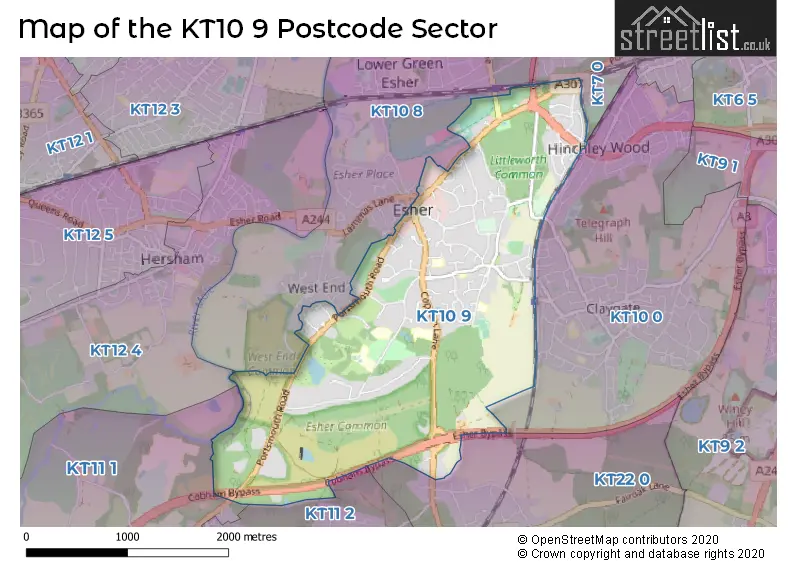 Map of the KT10 9 and surrounding postcode sector