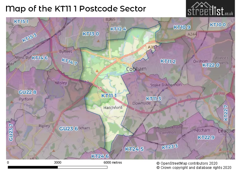 Map of the KT11 1 and surrounding postcode sector