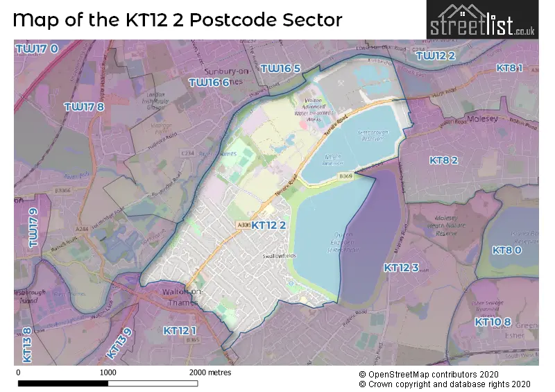 Map of the KT12 2 and surrounding postcode sector
