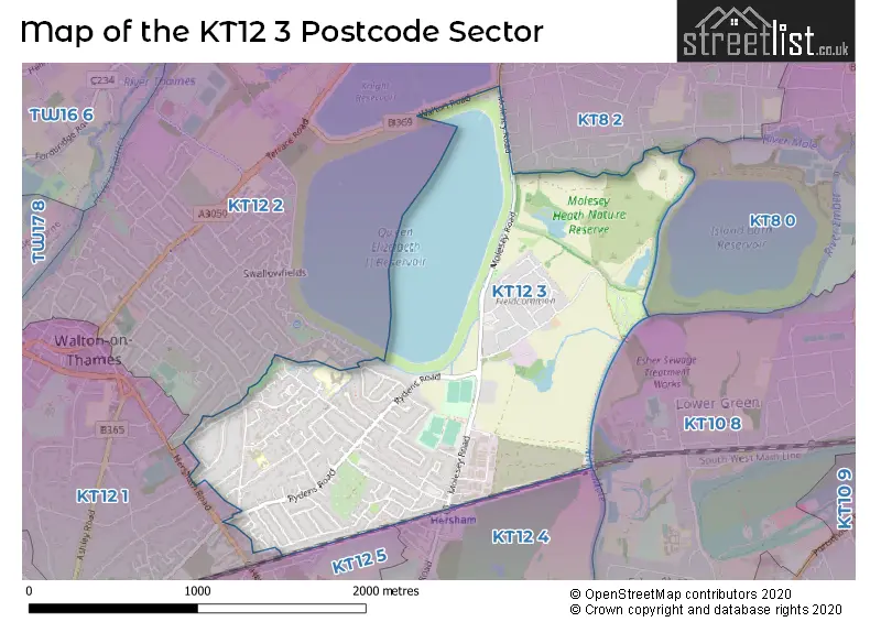 Map of the KT12 3 and surrounding postcode sector