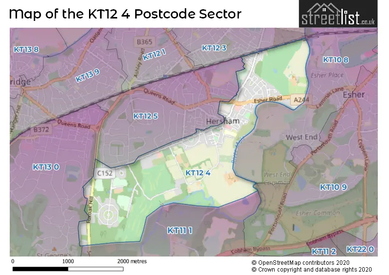 Map of the KT12 4 and surrounding postcode sector