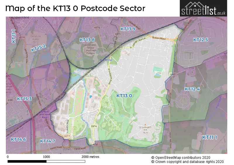 Map of the KT13 0 and surrounding postcode sector