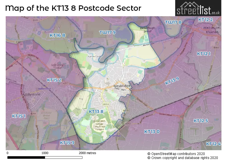 Map of the KT13 8 and surrounding postcode sector